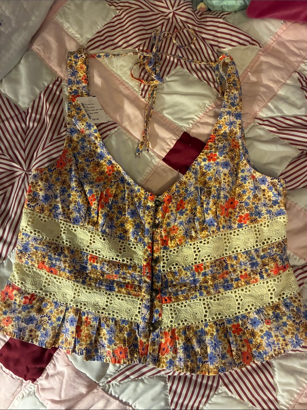 NWT Free People Floral Eyelet Lace-Trim Top- Yellow Floral- Sz Large